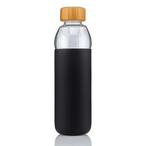 18 Oz. Lucerne Single Wall Borosilicate Glass Bottle w/Threaded Bamboo Lid & Silicone Sleeve